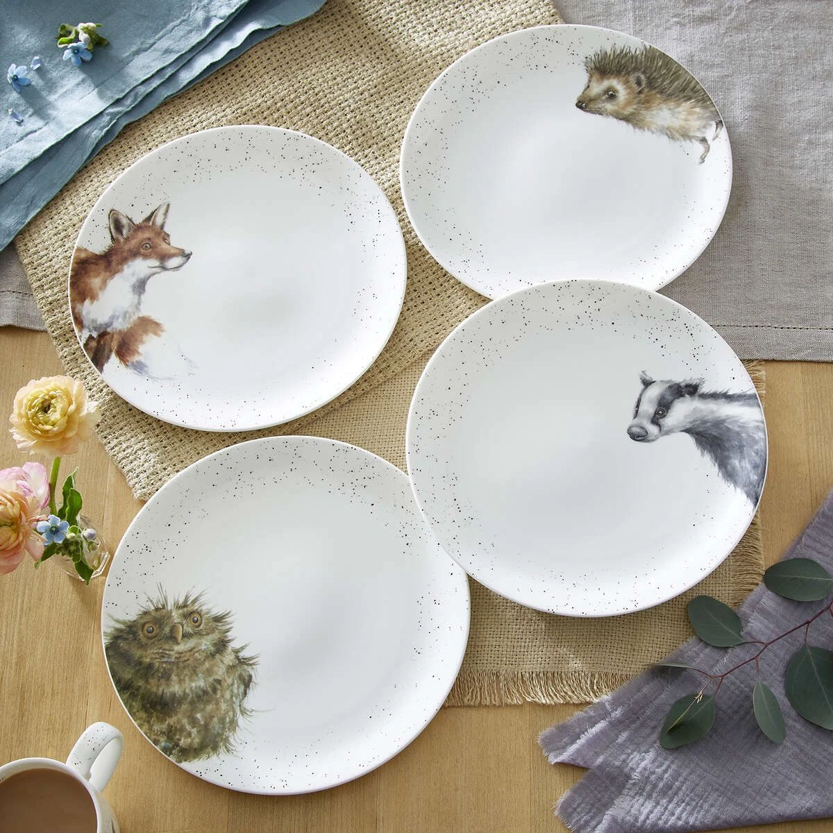 Royal Worcester Wrendale Designs Coupe Dinner Plate (Badger, Hedgehog, Fox, Owl) Set Of 4 1 Royal Worcester Wrendale Designs Coupe Dinner Plate (Badger, Hedgehog, Fox, Owl) Set Of 4