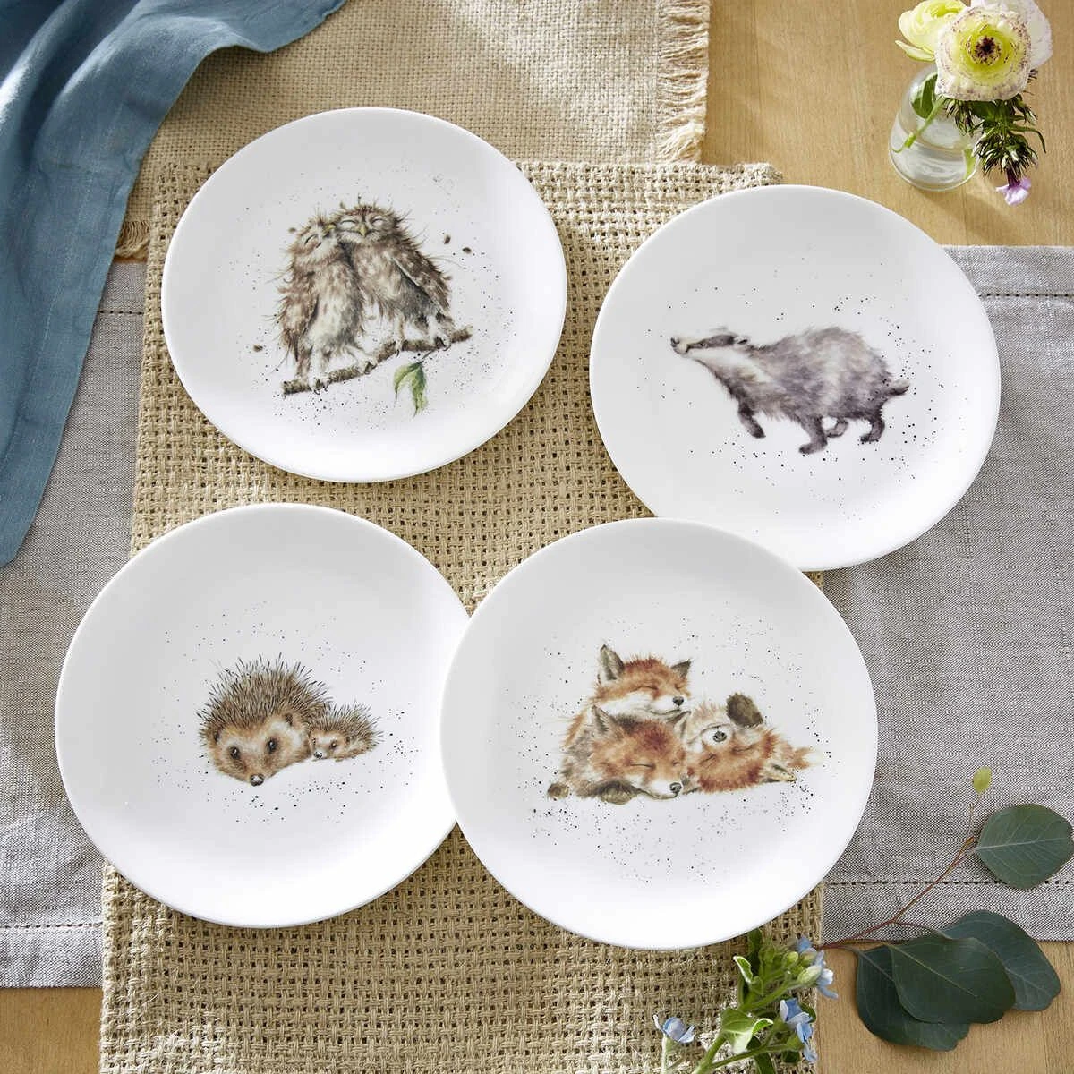Royal Worcester Wrendale Designs Coupe Side Plate (Badger, Hedgehog, Fox, Owl) Set Of 4 1 Royal Worcester Wrendale Designs Coupe Side Plate (Badger, Hedgehog, Fox, Owl) Set Of 4