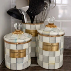 MacKenzie-Childs Sterling Check Enamel Canister - Medium 8 MacKenzie-Childs Sterling Check Enamel Canister - Medium -Kitchenware Discount Store SterlingCheck5