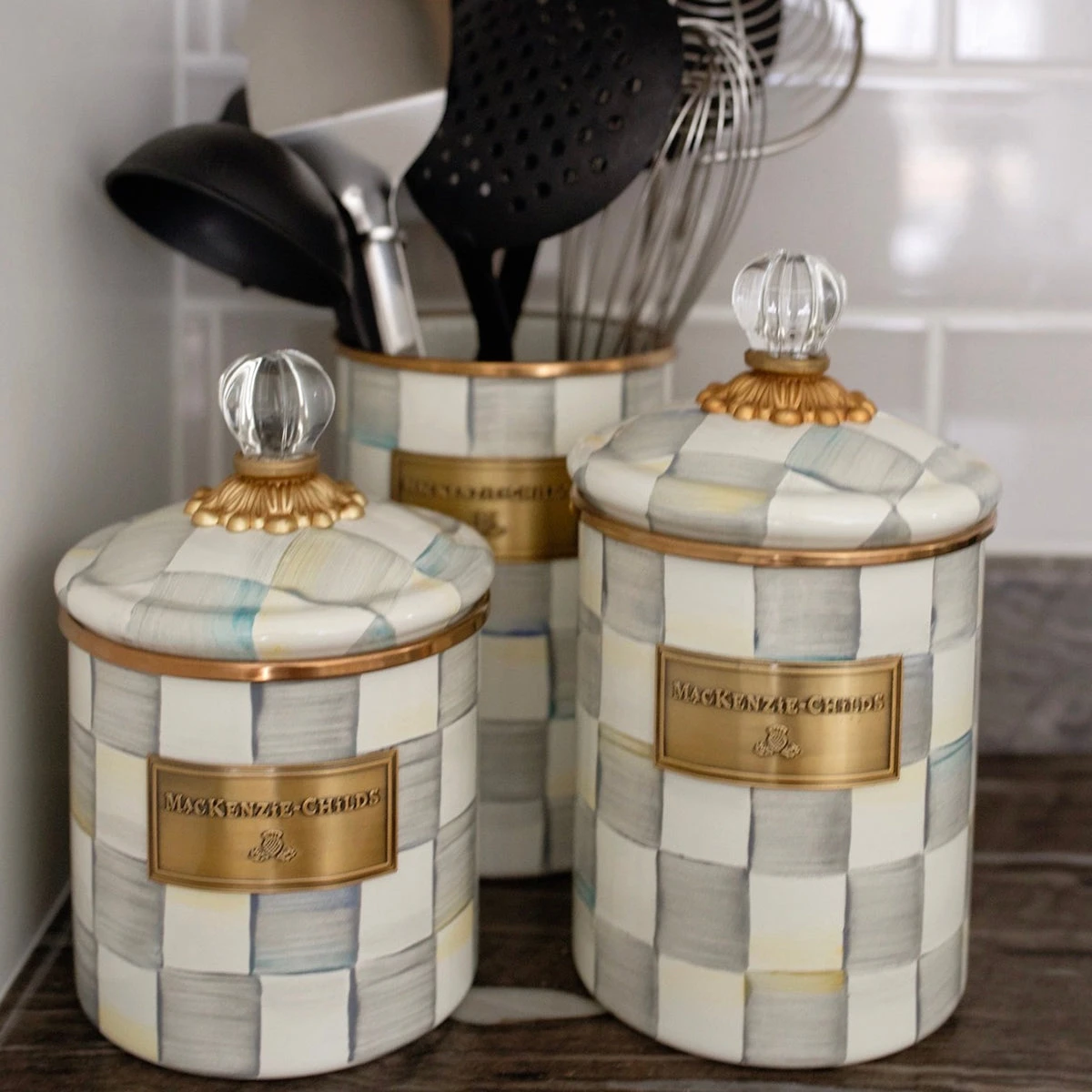 MacKenzie-Childs Sterling Check Enamel Canister - Medium 4 MacKenzie-Childs Sterling Check Enamel Canister - Medium - Image 4
