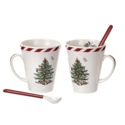 Spode Christmas Tree Peppermint Mug With Spoons Set Of 2
