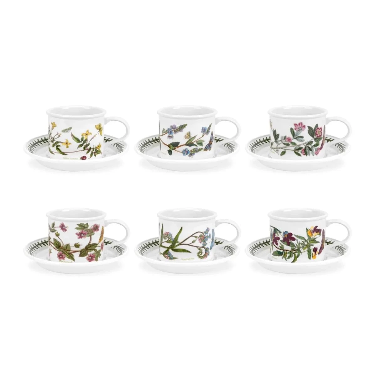 Portmeirion Botanic Garden Breakfast Cup And Saucer (Drum Shape) With New Motifs Set Of 6 1 Portmeirion Botanic Garden Breakfast Cup And Saucer (Drum Shape) With New Motifs Set Of 6