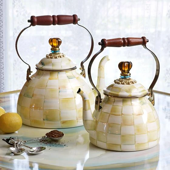 MacKenzie-Childs Parchment Check Enamel Tea Kettle - 3 Quart 2 MacKenzie-Childs Parchment Check Enamel Tea Kettle - 3 Quart - Image 2